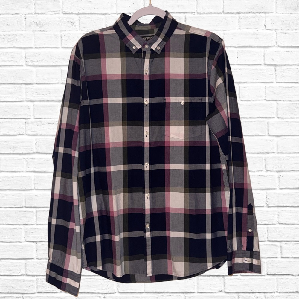 Express Men's Casual Plaid Shirt - Black, Pink, White